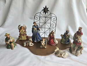 Elements 11 Piece Byzantine Nativity Set on Wood Base Ceramic Figures Christmas